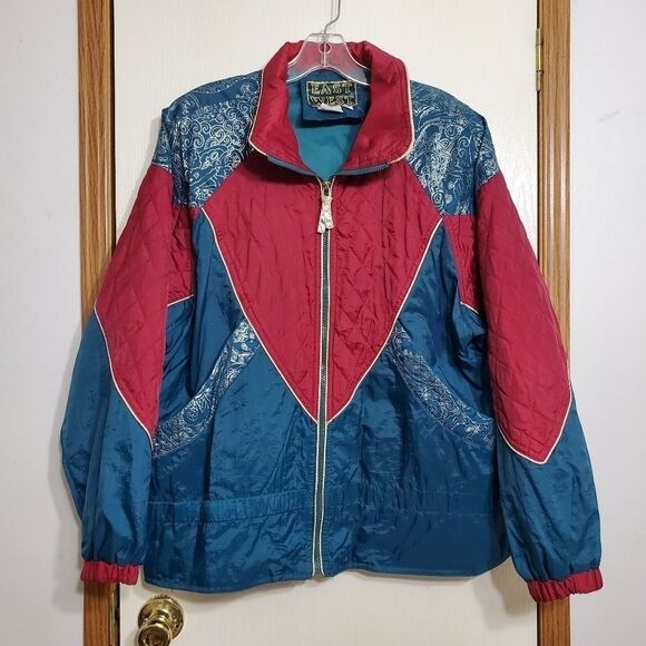 Vtg East West Wind Suit Track Jacket Pants Sz Medium Burgundy Teal Blue FLAWED - Picture 1 of 12